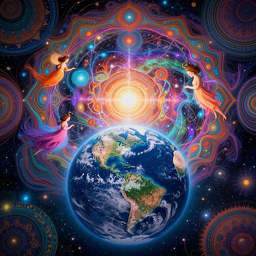 Digital artwork: Vibrant cosmic scene with Earth at center, surrounded by colorful swirling patterns, glowing sun, and four dancing, multicolored figures.