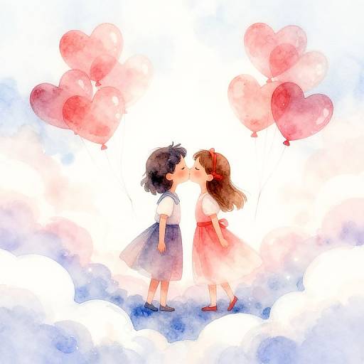 Watercolor illustration of two girls sharing a kiss, surrounded by pink heart-shaped balloons, wearing dresses, standing on a white and blue textured ground.
