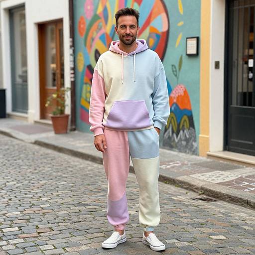 Photograph of a bearded man in pastel-colored hoodie and pants, standing on a cobblestone street with vibrant graffiti behind.