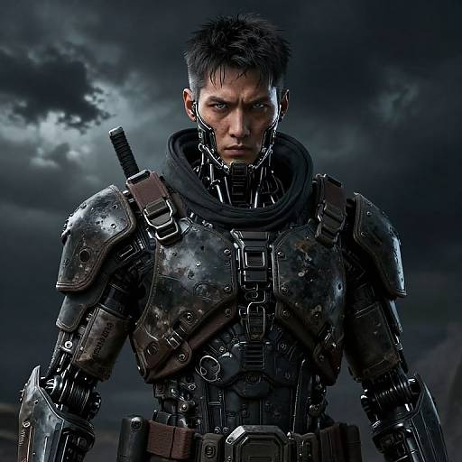 CGI image of a fierce, dark-haired male warrior with cybernetic armor, black scarf, and sword sheath, under a stormy,
