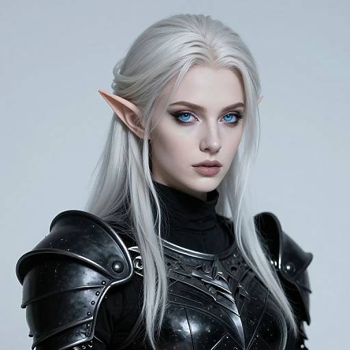 Digital artwork of a pale-skinned, white-haired elf woman with blue eyes, pointed ears, and black armor, set against a white background.