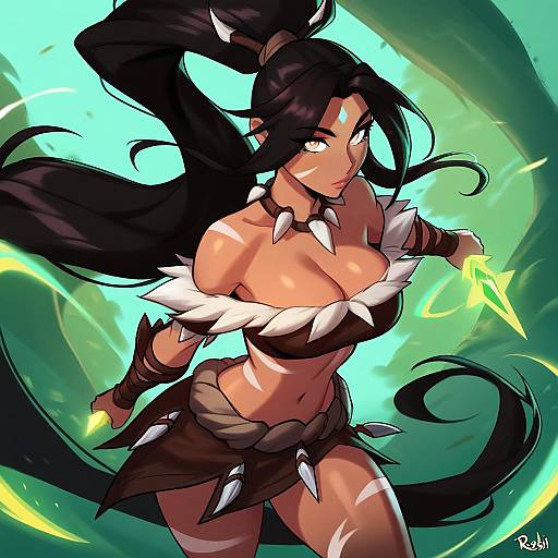 Illustration of Nidalee, league of legends in the style of Rob ishi