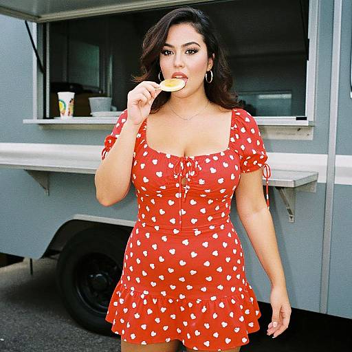 Photograph of a curvy Latina woman with long dark hair, wearing a red heart-patterned dress, eating an ice cream cone in front of a