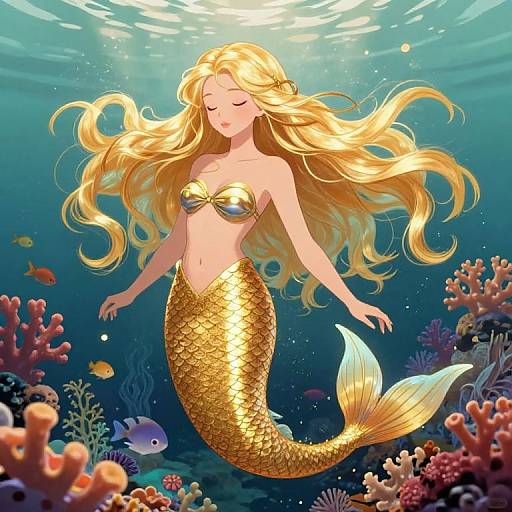 Digital illustration of a golden-haired mermaid with a shimmering gold tail, floating underwater among colorful coral and fish, with sunlight filtering from above.
