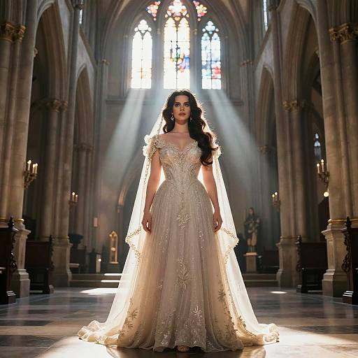 Photograph of a dark-haired woman in an ornate, light-reflecting, lace wedding gown, standing in a sunlit, Gothic cathedral.