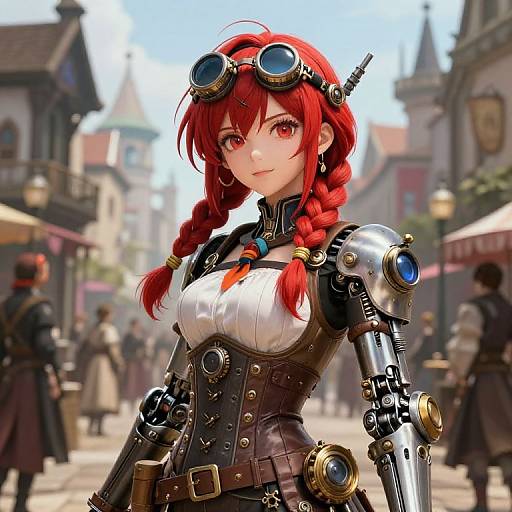 Digital anime-style artwork of a red-haired girl with braids, steampunk goggles, robotic arm, and corset in a bustling medieval street.