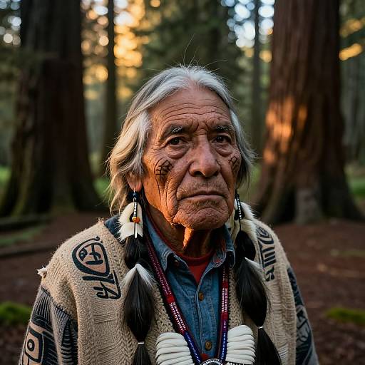Photograph of an elderly Native American man with long gray hair, tribal tattoos, wearing a patterned sweater, forest background, sunlight filtering through trees.
