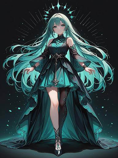 Elegant anime-style girl in teal sheer tunic and black leggings
