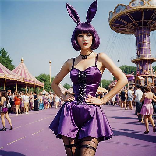 Woman in Aubergine Bunny Outfit at Amusement Park