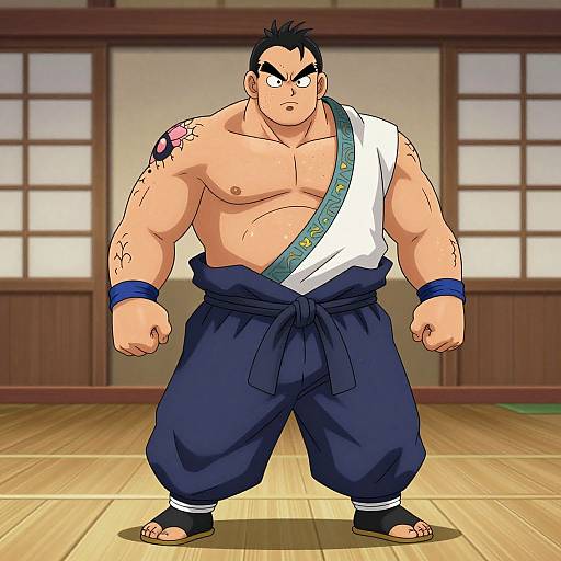 Anime-style drawing of a muscular, shirtless man with black hair, blue pants, white sash, tattoos, and determined expression in a traditional Japanese