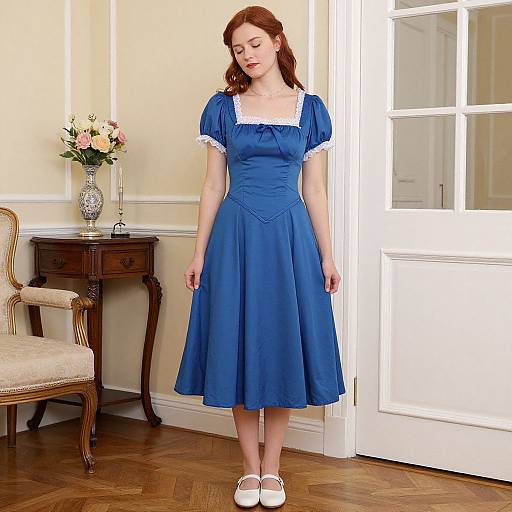 Photograph of a fair-skinned, red-haired woman wearing a blue, puffed-sleeve, square-neck dress, standing in a vintage-style