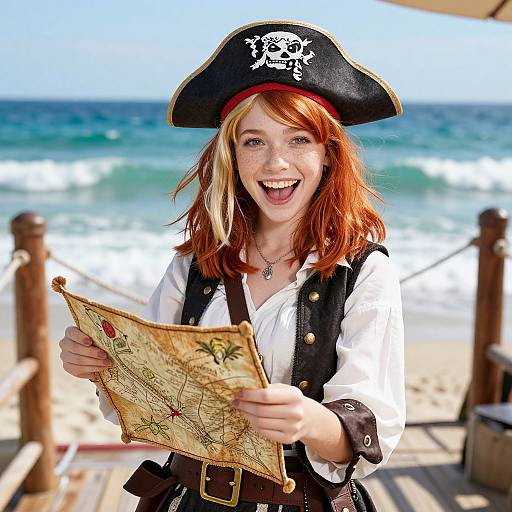 Young red-haired woman with pirate hat and white shirt, excitedly holding a vintage map on a sunny beach. Bright ocean waves in background. (Phot