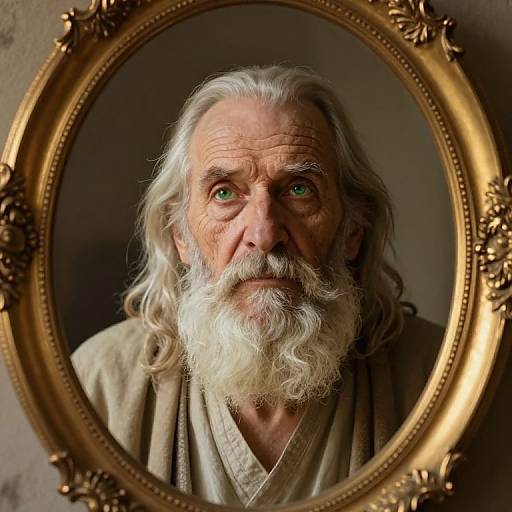 Photograph of an elderly man with long white hair and beard, green eyes, wearing a beige robe, reflected in an ornate, gold-framed