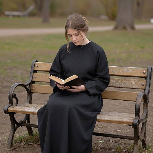 Photograph of a young woman with light brown hair in a black long-sleeve dress, sitting on a wooden park bench reading a book, with