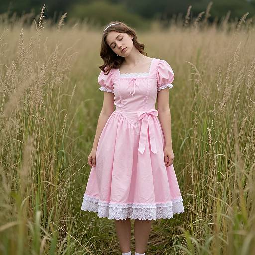 Photograph of a young woman with fair skin and brown hair, wearing a pink, short-sleeved, vintage-style dress with white lace trim,