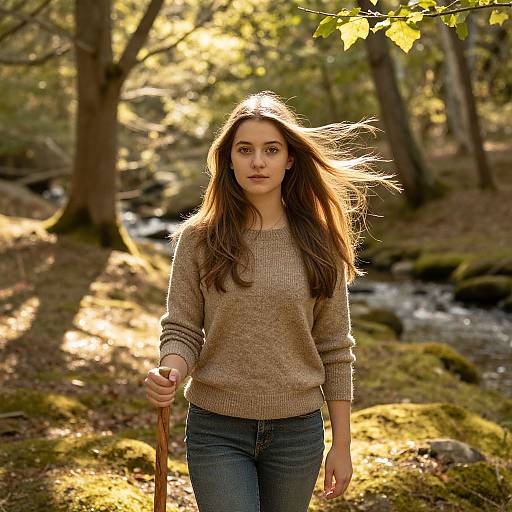 Photograph of a young woman with long brown hair, wearing a beige sweater and blue jeans, holding a walking stick, in a sunlit forest with