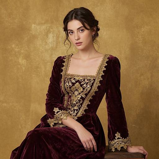 Photograph of a young woman with fair skin and dark brown hair in an updo, wearing a rich, dark purple velvet dress with gold embroidery,