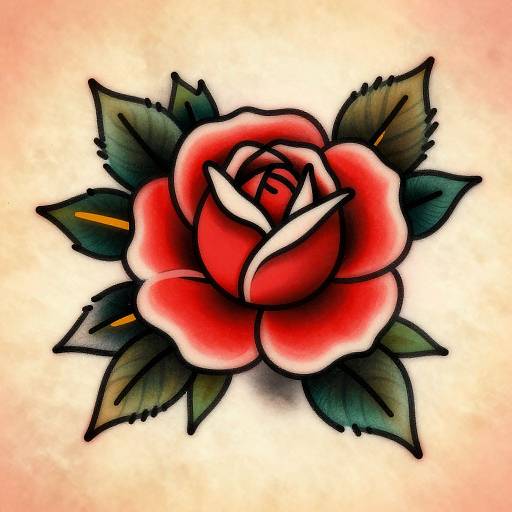Vibrant, traditional-style tattoo of a bold red rose with white highlights, surrounded by dark green leaves, on a white background.