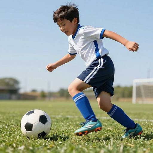 Young boy in white and blue soccer uniform kicks black-and-white ball on green field under clear blue sky.