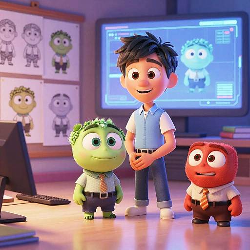 Digital CGI image of a smiling boy with black hair, wearing a blue vest and jeans, standing with two cartoonish, anthropomorphic characters, a green