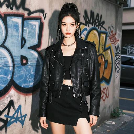 Photograph of an Asian woman with black hair in a high ponytail, wearing a black leather jacket, crop top, and shorts, standing in a