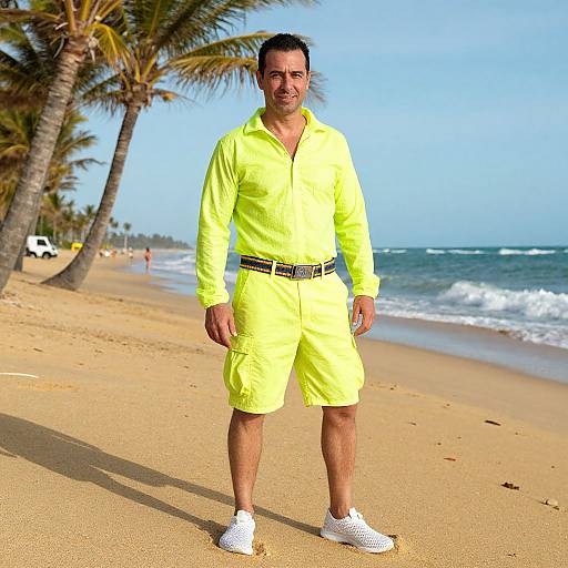 Photograph of a middle-aged man with short dark hair, wearing a bright neon yellow shirt and shorts, white sneakers, standing on a sunny beach with