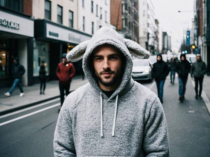 Man Wearing Lamb Hoodie on City Street