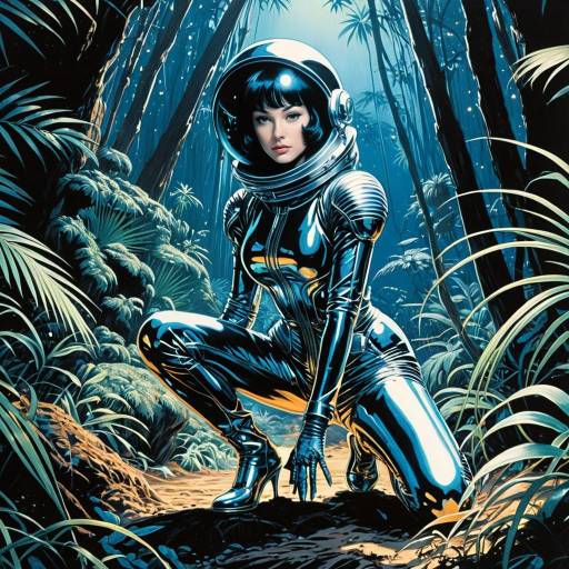 Retro-Futuristic Chrome Space Adventurer in Alien Jungle
