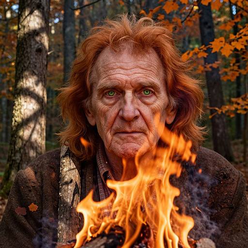 Photograph of an elderly man with red hair and green eyes, staring intently at a bright orange campfire in a forest with autumn leaves.