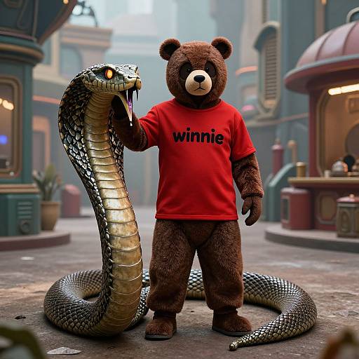 Photorealistic CGI: Brown bear mascot in red Winnie the Pooh shirt, standing in a foggy, cobblestone street, holding a