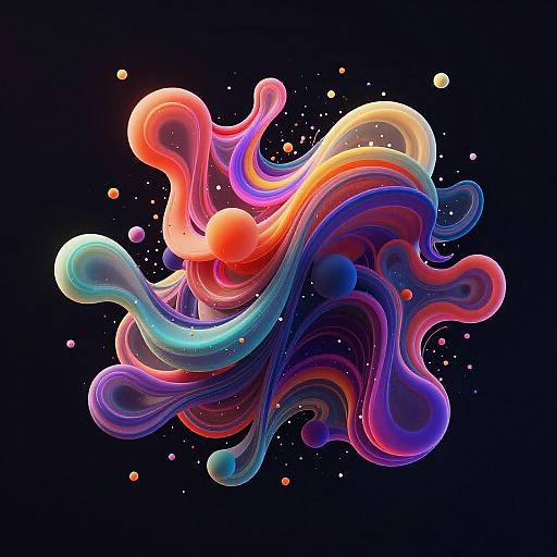 Vibrant, abstract digital art of swirling, colorful fluid shapes in red, orange, blue, and purple, set against a black background with small
