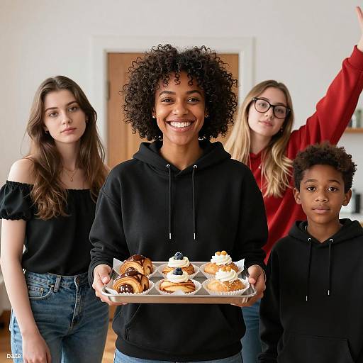 Smiling woman holding tray of pastries with friends indoors
