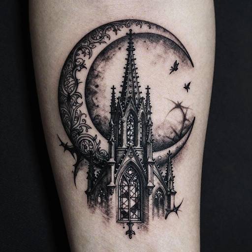 Black ink tattoo of a gothic castle under a detailed crescent moon with ornate patterns, bats, and flying insects.