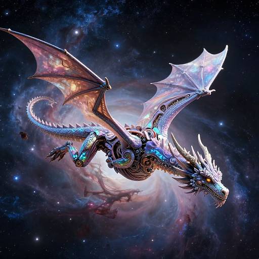 Digital illustration of a glowing, cosmic dragon with iridescent wings and intricate patterns, soaring through a star-filled, colorful nebula.