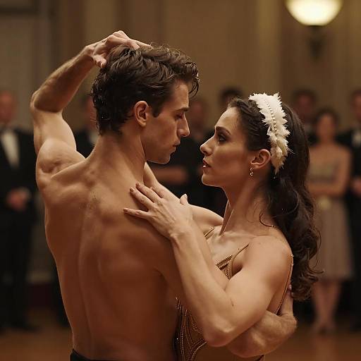 Intimate Dance in a Dimly Lit Ballroom
