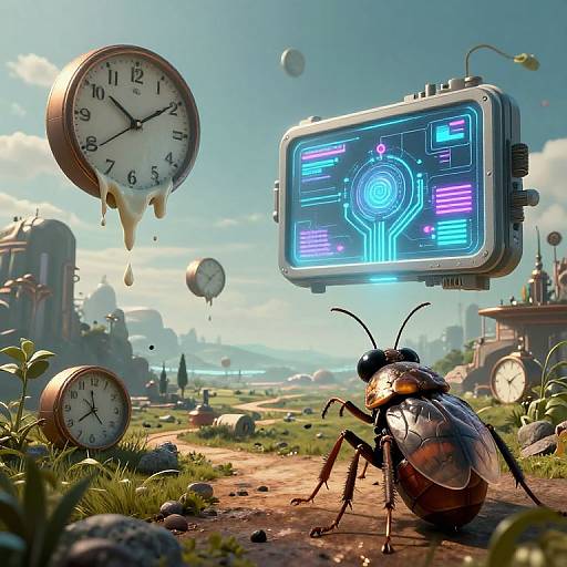 Digital CGI artwork: A realistic, anthropomorphic beetle with shiny exoskeleton sits on a grassy path, surrounded by floating clocks and a neon-blue