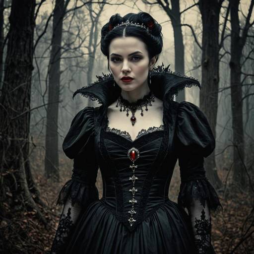 Gothic Woman in Victorian Dress in Dark Forest
