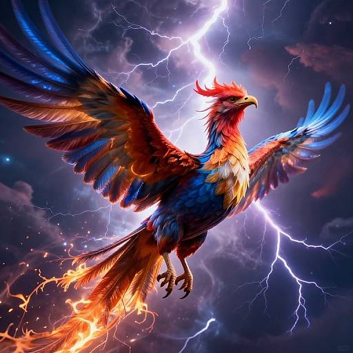 Digital artwork of a vibrant phoenix with fiery feathers, mid-flight, against a dark stormy sky with bright lightning bolts.