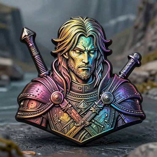 Digital artwork of a multicolored armored warrior with long, wavy hair, intense expression, and two swords crossed behind his neck, set against a