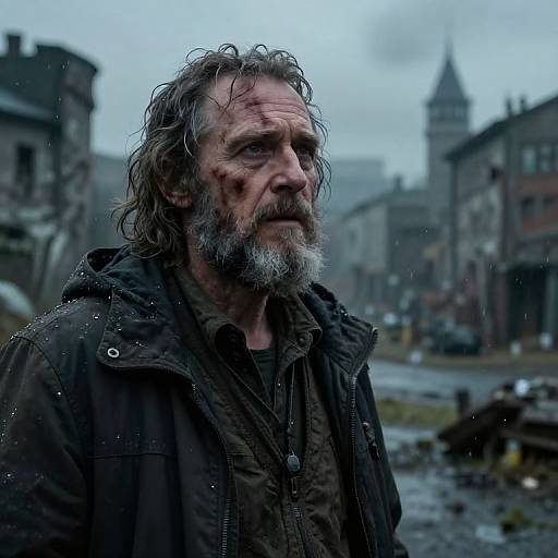 Photograph of a weathered, bearded man with blood on his face, wearing a dark raincoat, standing in a rainy, medieval street.