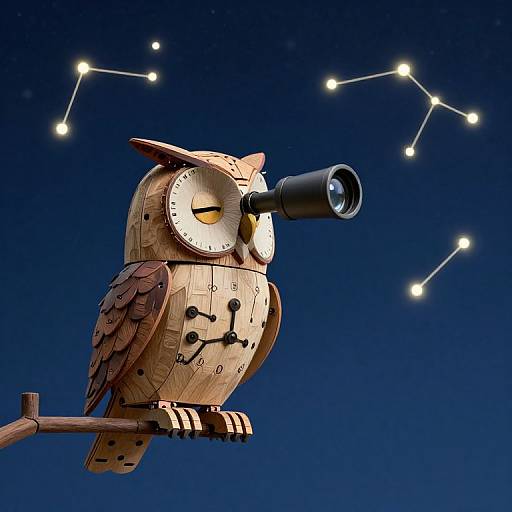 Photograph of a wooden, clock-eyed owl with a telescope, perched on a branch against a dark blue night sky with a constellation.