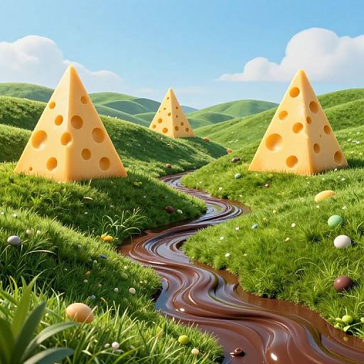 Whimsical digital art: green hillside with three large, yellow Swiss cheese cones; winding red path; colorful eggs scattered; bright blue sky with