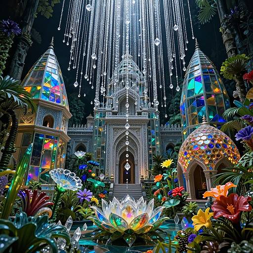 Vibrant digital artwork of a glowing, crystal chandelier-lit garden with colorful flowers, stained glass domes, and a detailed, arched