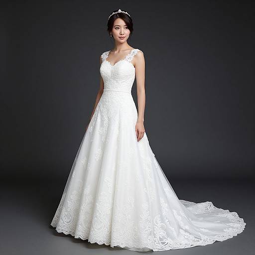 Photograph of an Asian woman in a white, lace-embellished, sleeveless wedding gown with a long train, standing against a dark background