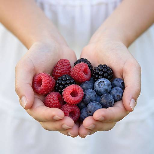 Photograph of pale hands gently cupping fresh raspberries, blackberries, and blueberries against a blurred white background.