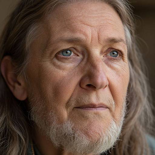 Close-up photograph of an elderly man with long gray hair, blue eyes, and a white beard, looking thoughtfully to the right. Soft natural light