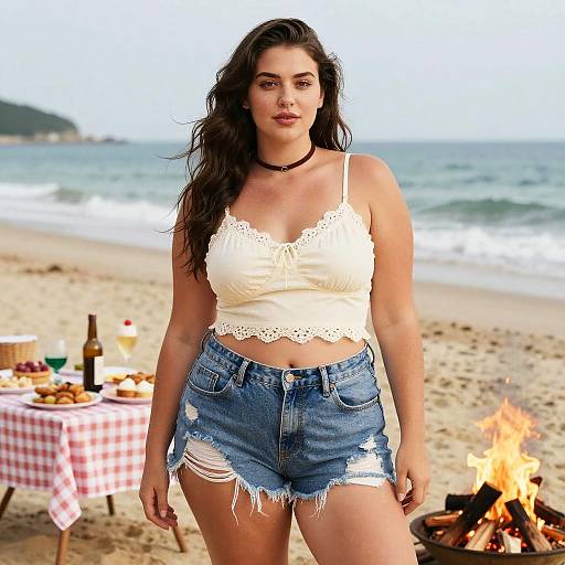 Lanky Woman at Beachside Bonfire