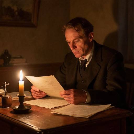Photograph of a middle-aged man in a dark suit, illuminated by a candle, reading documents in a dimly lit, rustic room.