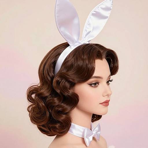 Photorealistic digital portrait of a fair-skinned woman with vintage curled brown hair, wearing a white bow headband, bow tie, and white satin