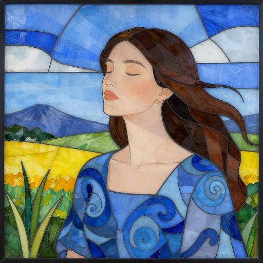 Stained Glass Art of Woman in Blue with Landscape